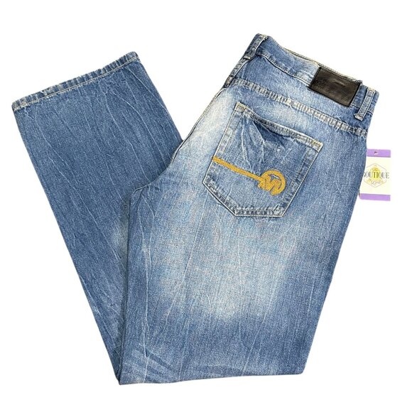 Mecca Mens 38x32 Straight Leg Blue Denim Jeans Light Wash Embroidered Logo Faded